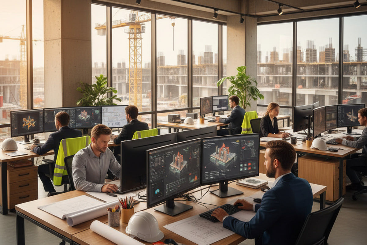 Gestion de projets techniques Ingénieurs de projet examinant des modèles structurels 3D et des plans sur des postes multi-écrans, dans un bureau de chantier donnant sur un chantier en activité