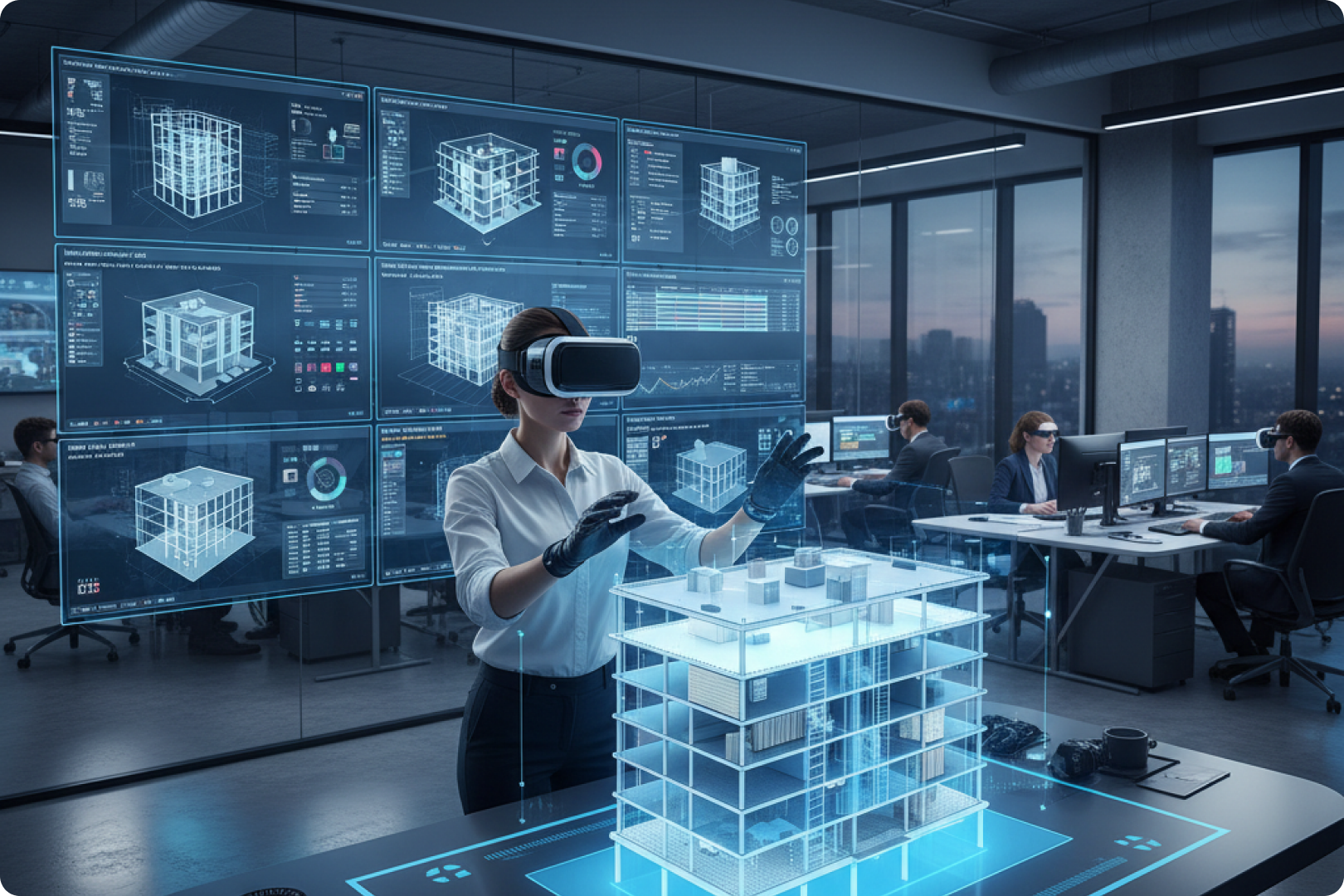 Visualisation RV et BIM Illustration d'un homme portant un casque de réalité virtuelle regardant des bâtiments urbains reliés à des icônes d'engrenages et de code