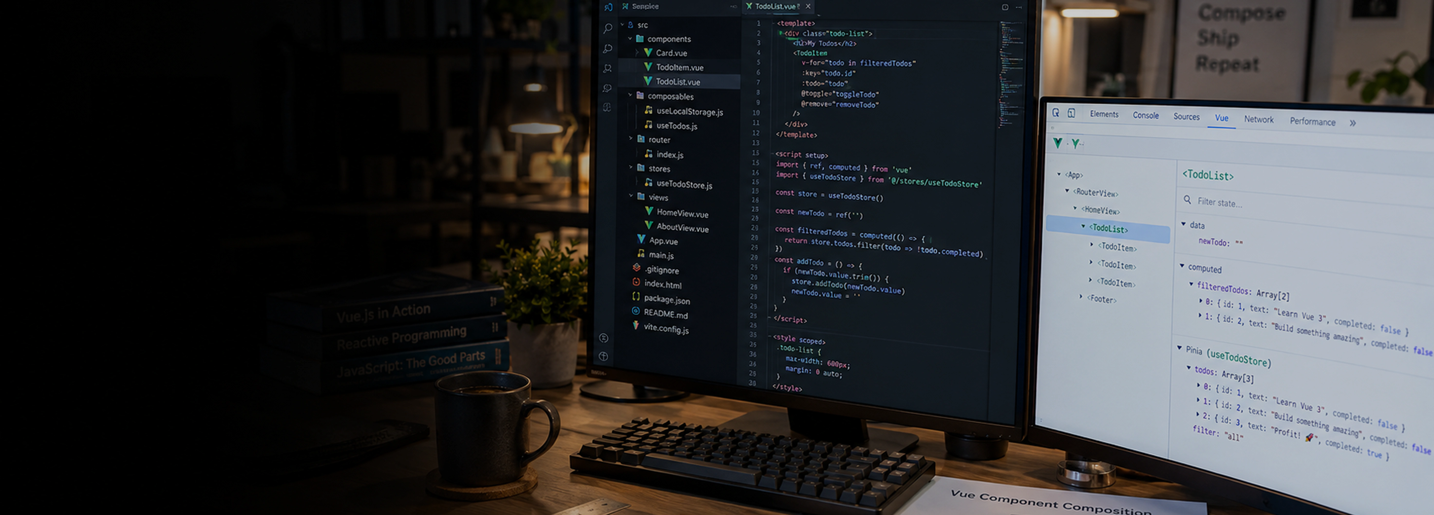 Vue.js-udviklingsydelser Vue.js 3D-logoikon vist på en mørk baggrund