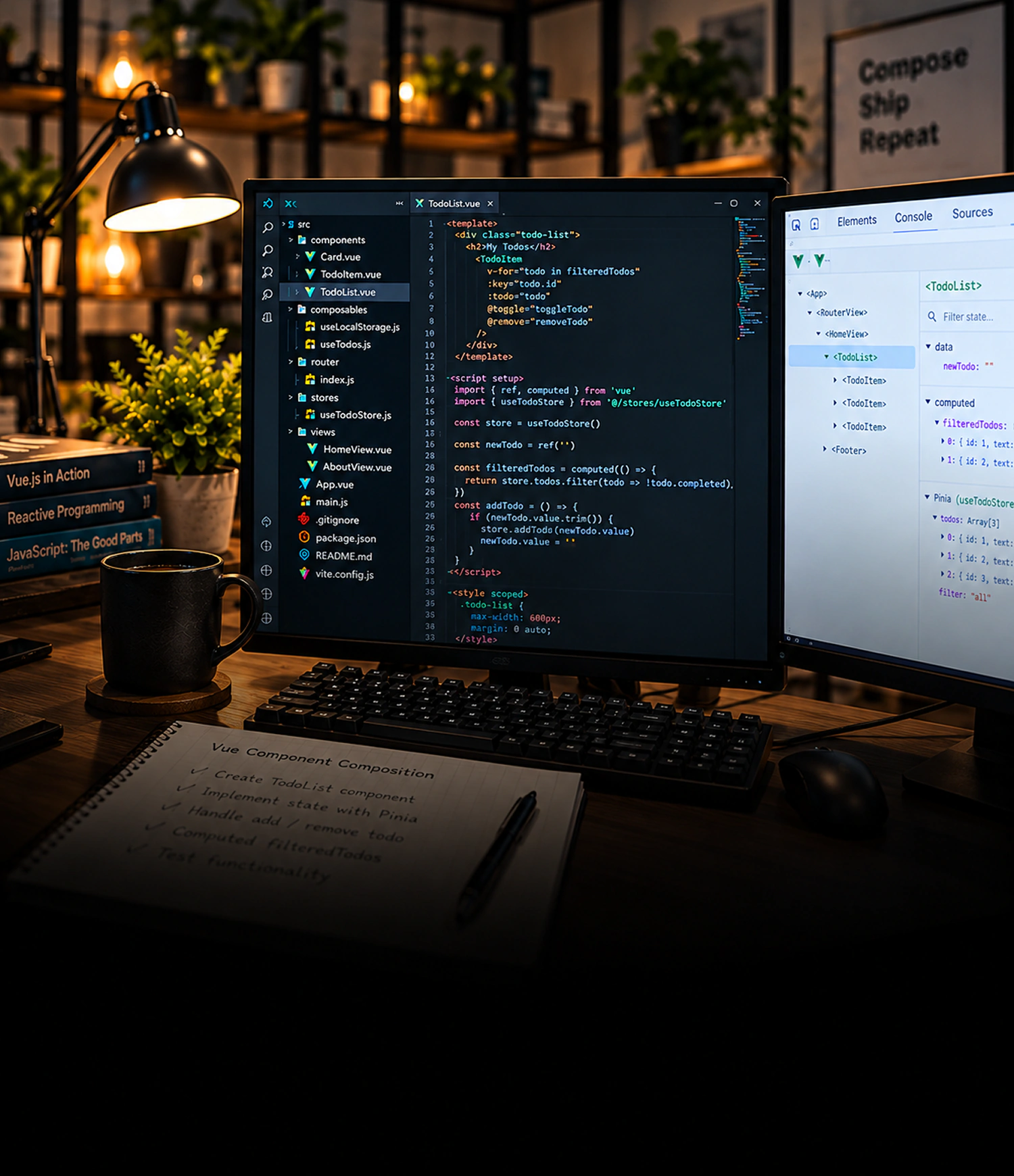 Vue.js-udviklingsydelser Vue.js 3D-logoikon vist på en mørk baggrund