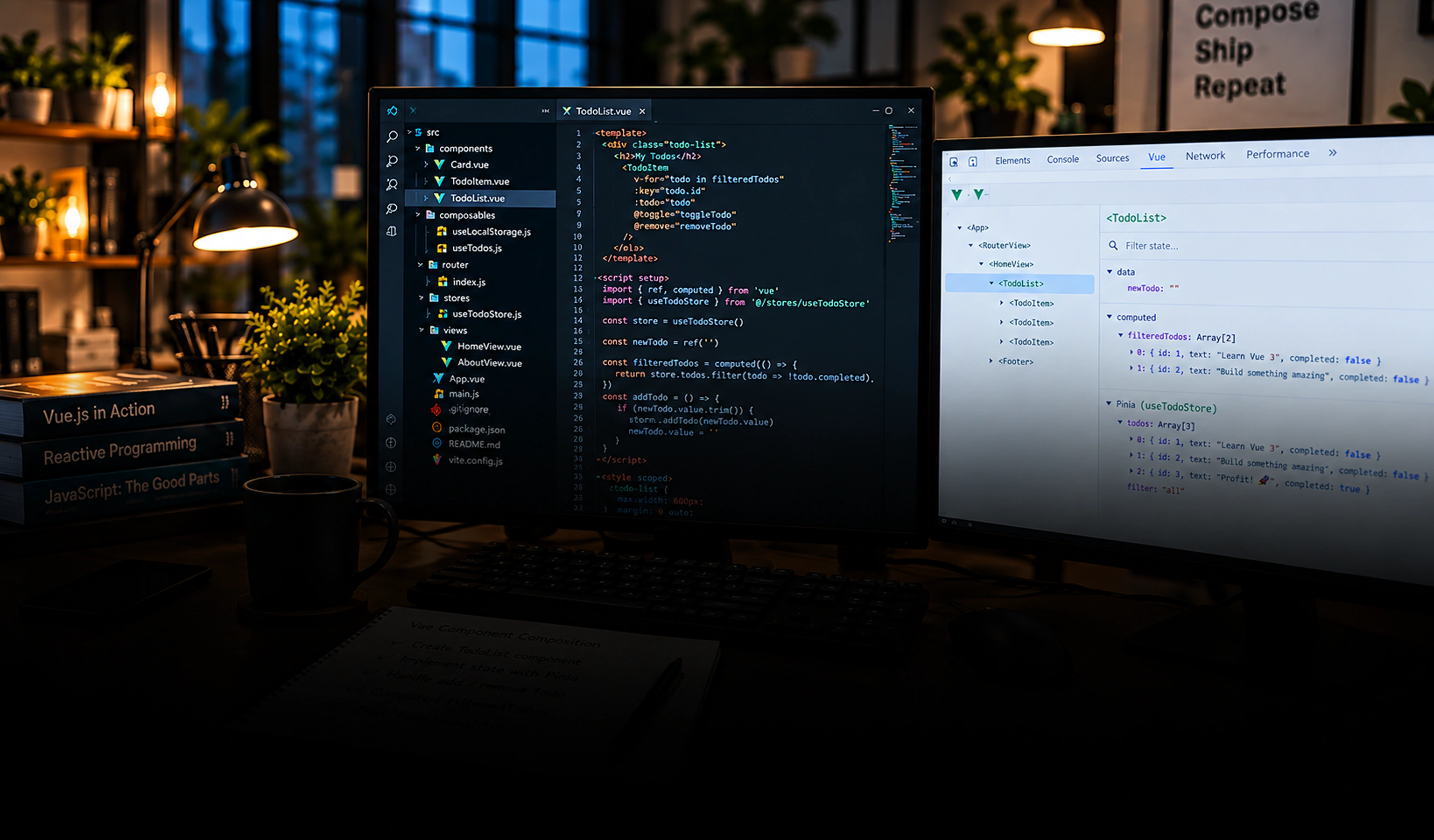 Vue.js-udviklingsydelser Vue.js 3D-logoikon vist på en mørk baggrund