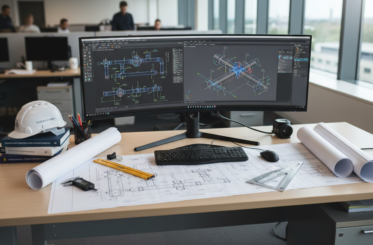 Bureau d'ingénierie avec un écran ultra-large affichant des modèles 2D et 3D d'assemblage de tuyauterie, accompagné de plans imprimés, de plans roulés, d'une règle graduée et d'un casque de chantier