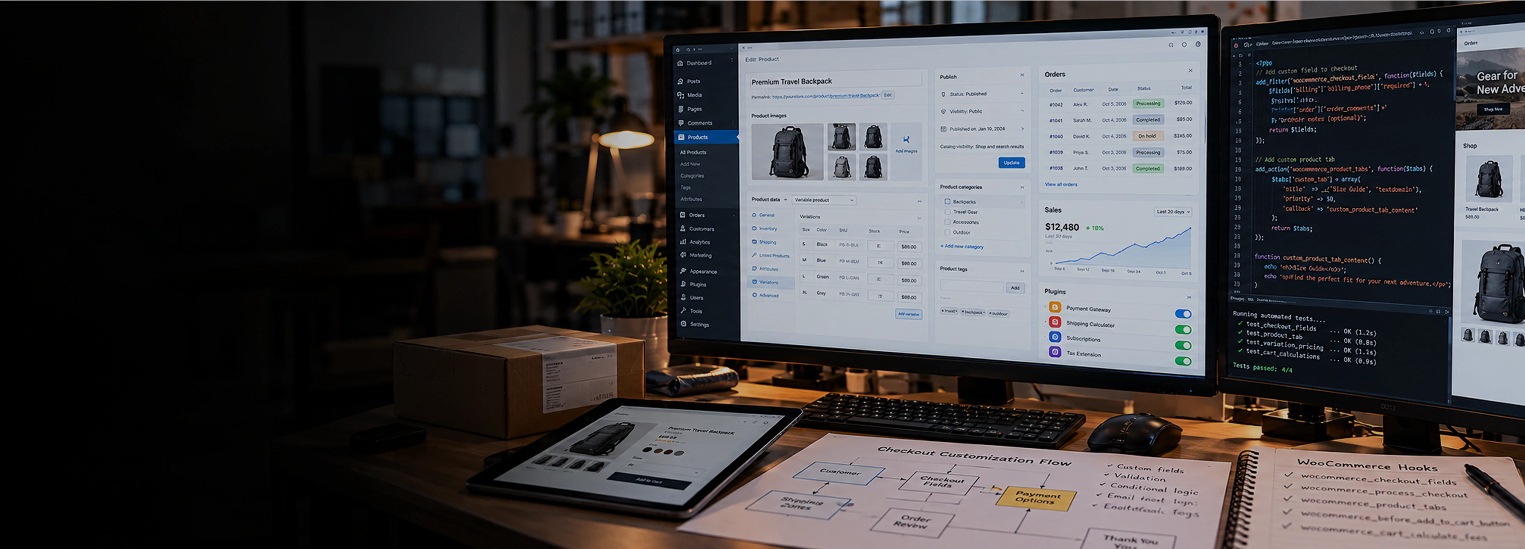 WooCommerce-udviklingsydelser WooCommerce-logoet vises på en bærbar computers skærm med mørk baggrund