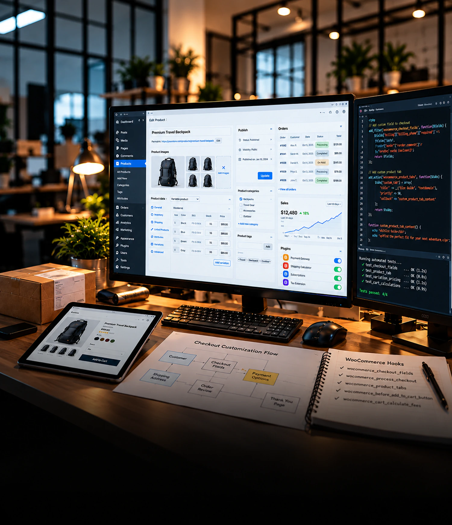 WooCommerce-udviklingsydelser WooCommerce-logoet vises på en bærbar computers skærm med mørk baggrund
