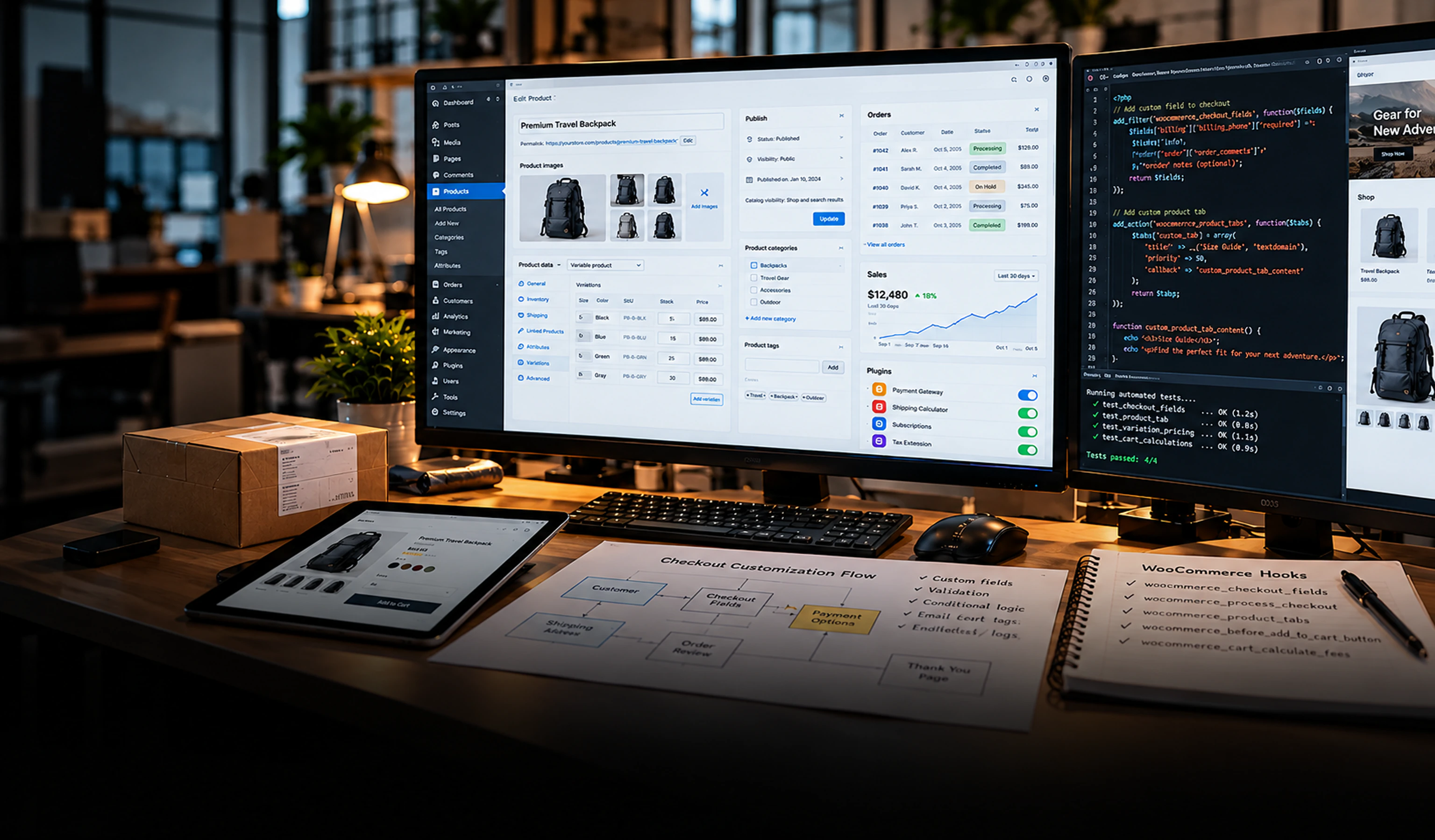 WooCommerce-udviklingsydelser WooCommerce-logoet vises på en bærbar computers skærm med mørk baggrund